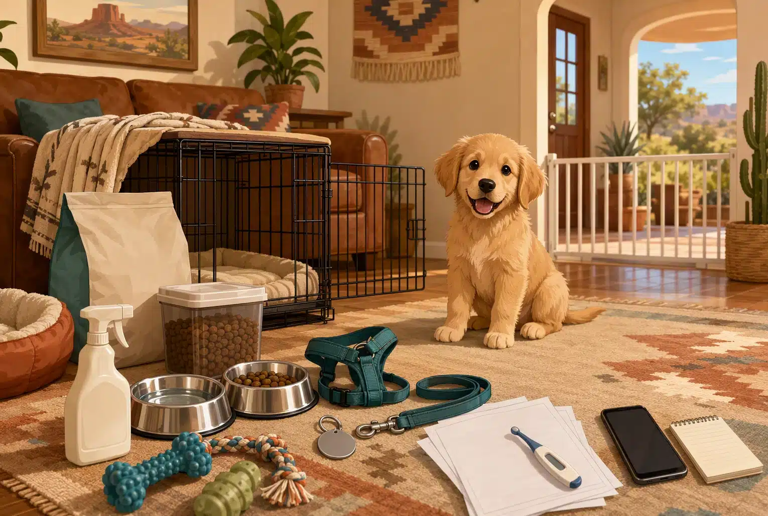 Tidy puppy-safe living room with bowls, crate, and toys