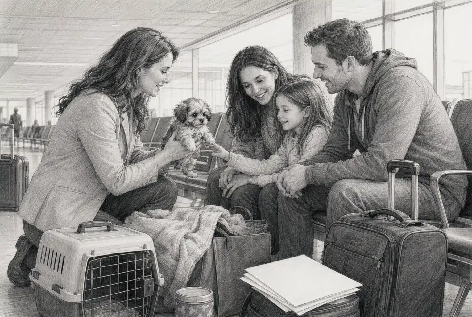 Family meeting small puppy at airport arrivals