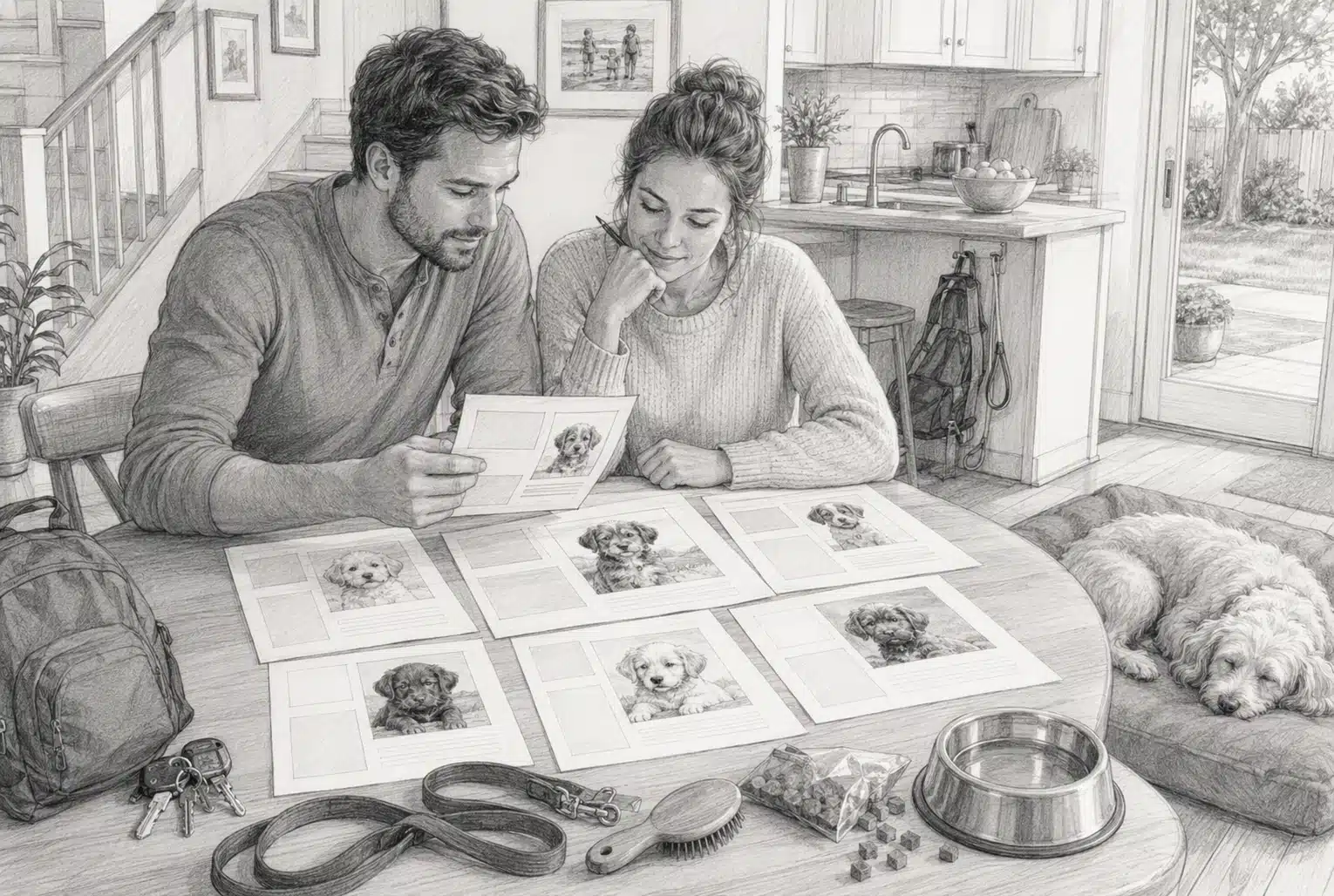 Couple reviewing puppy profiles at kitchen table