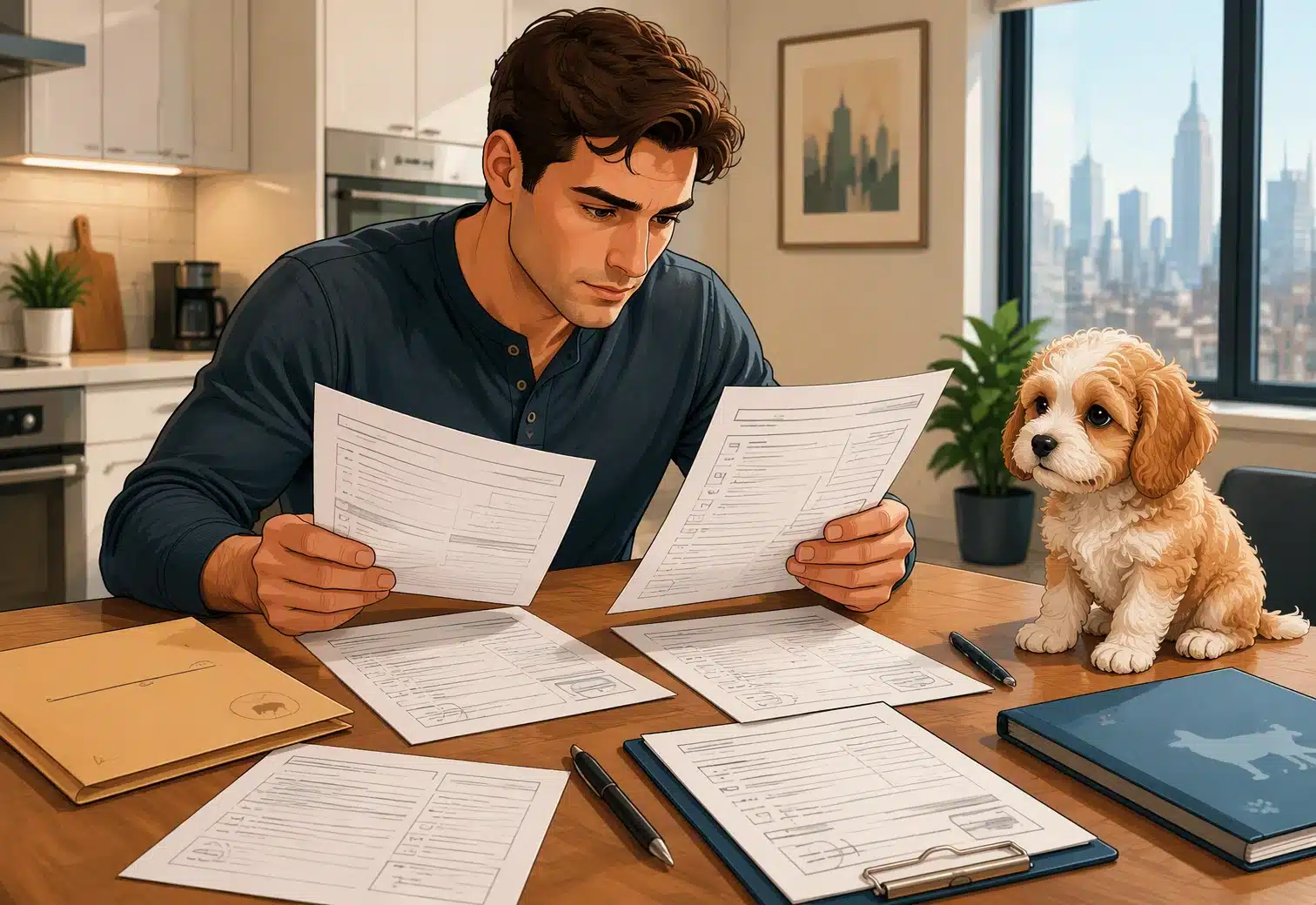 Buyer reviewing puppy veterinary records on kitchen table
