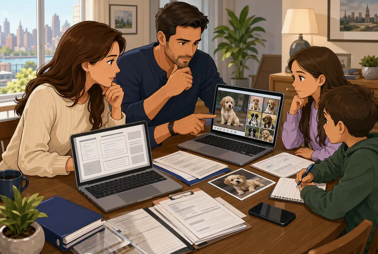 Family reviewing breeder notes and puppy videos on laptops