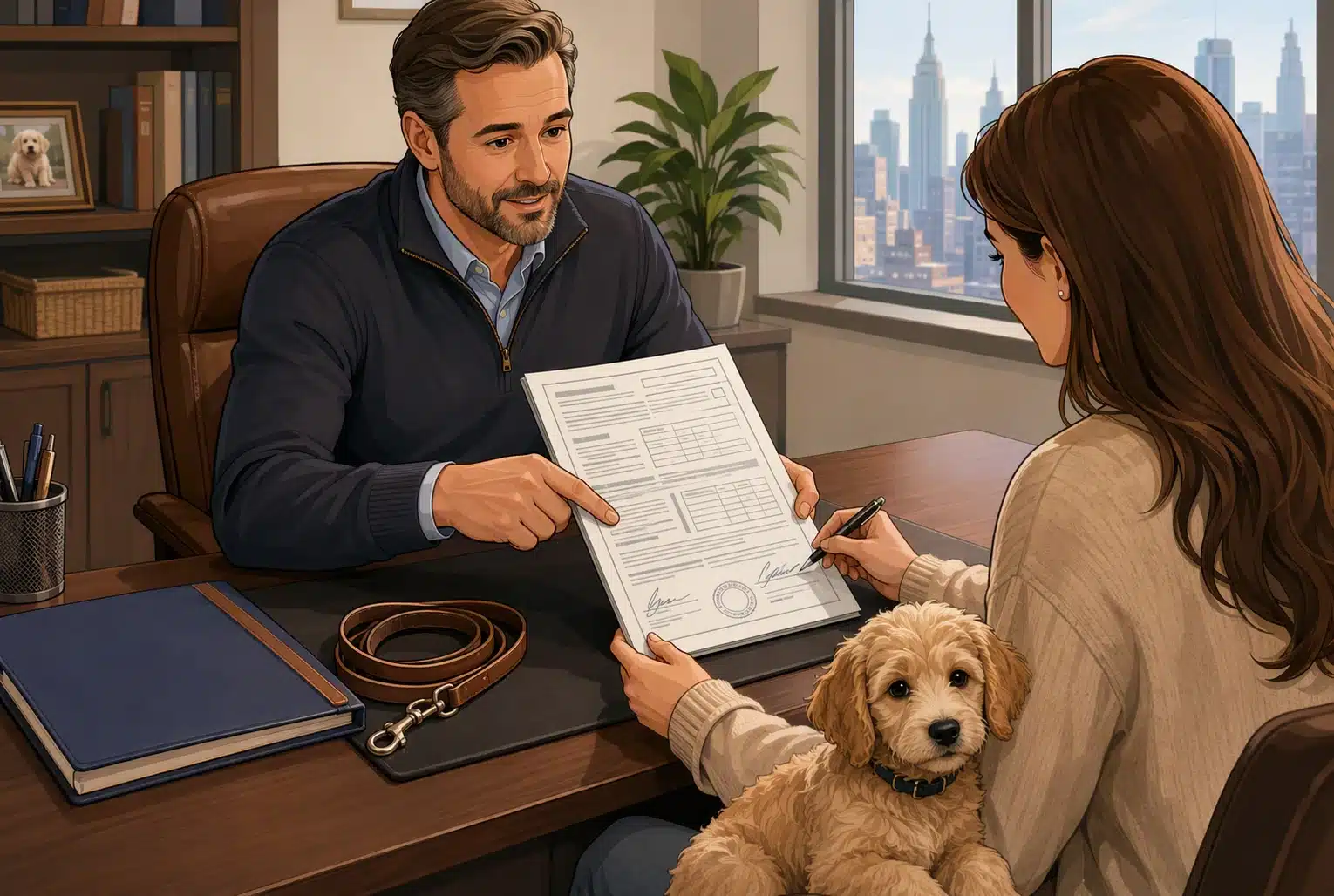 Buyer reviewing puppy sales contract at breeder office