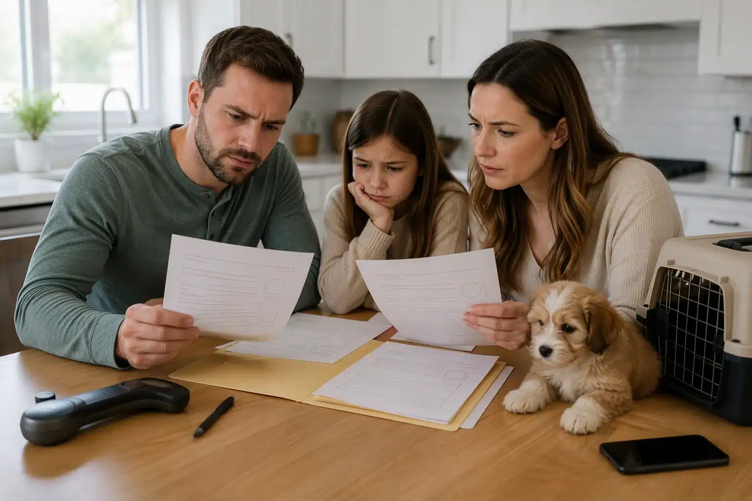 Family reviewing puppy vaccination records at kitchen table