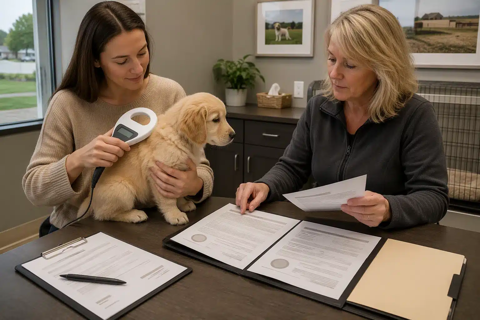 Buyer comparing puppy microchip scan with health documents