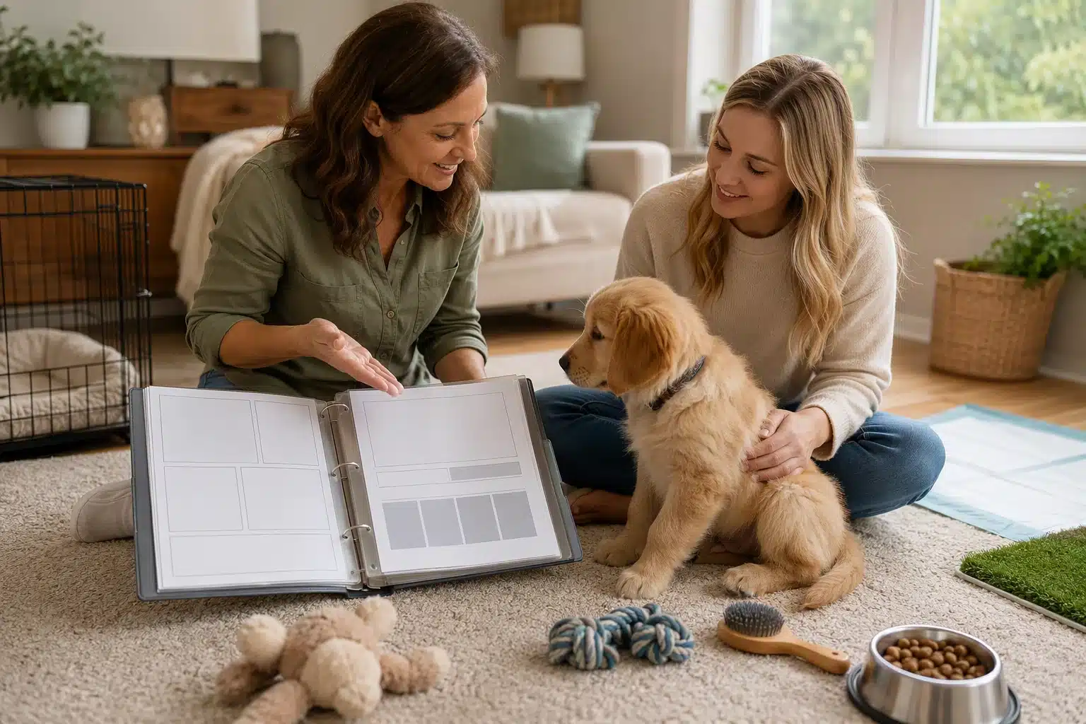 Breeder and buyer reviewing puppy health records