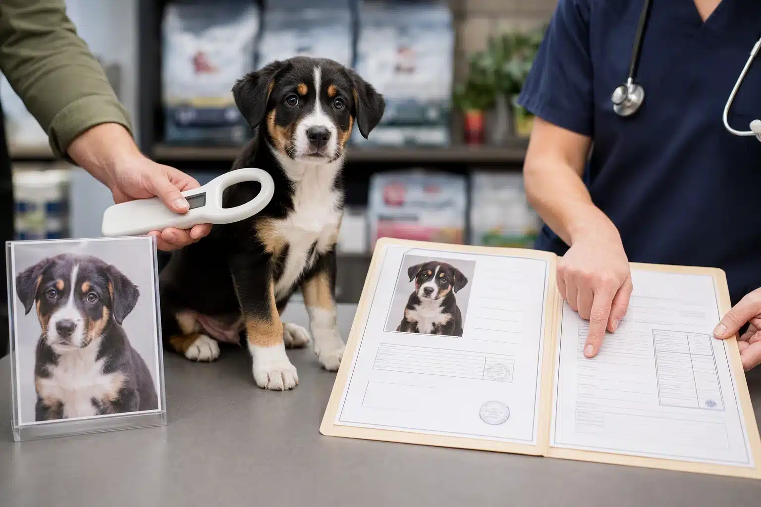 Puppy and health records verification scene