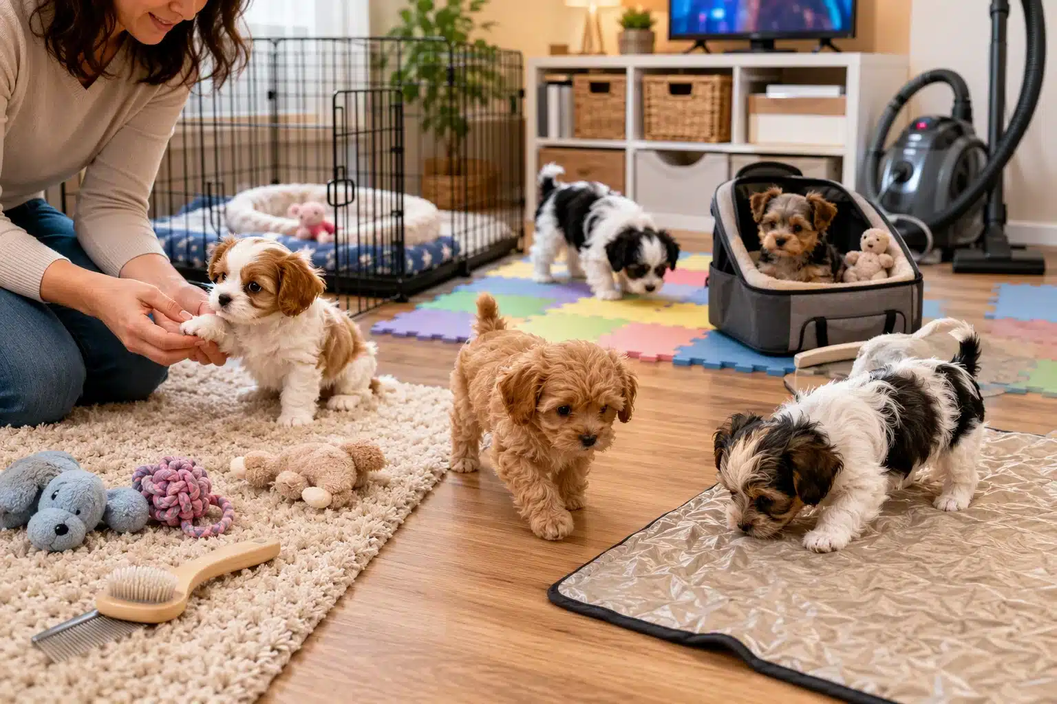 Puppies exploring toys and textured floors