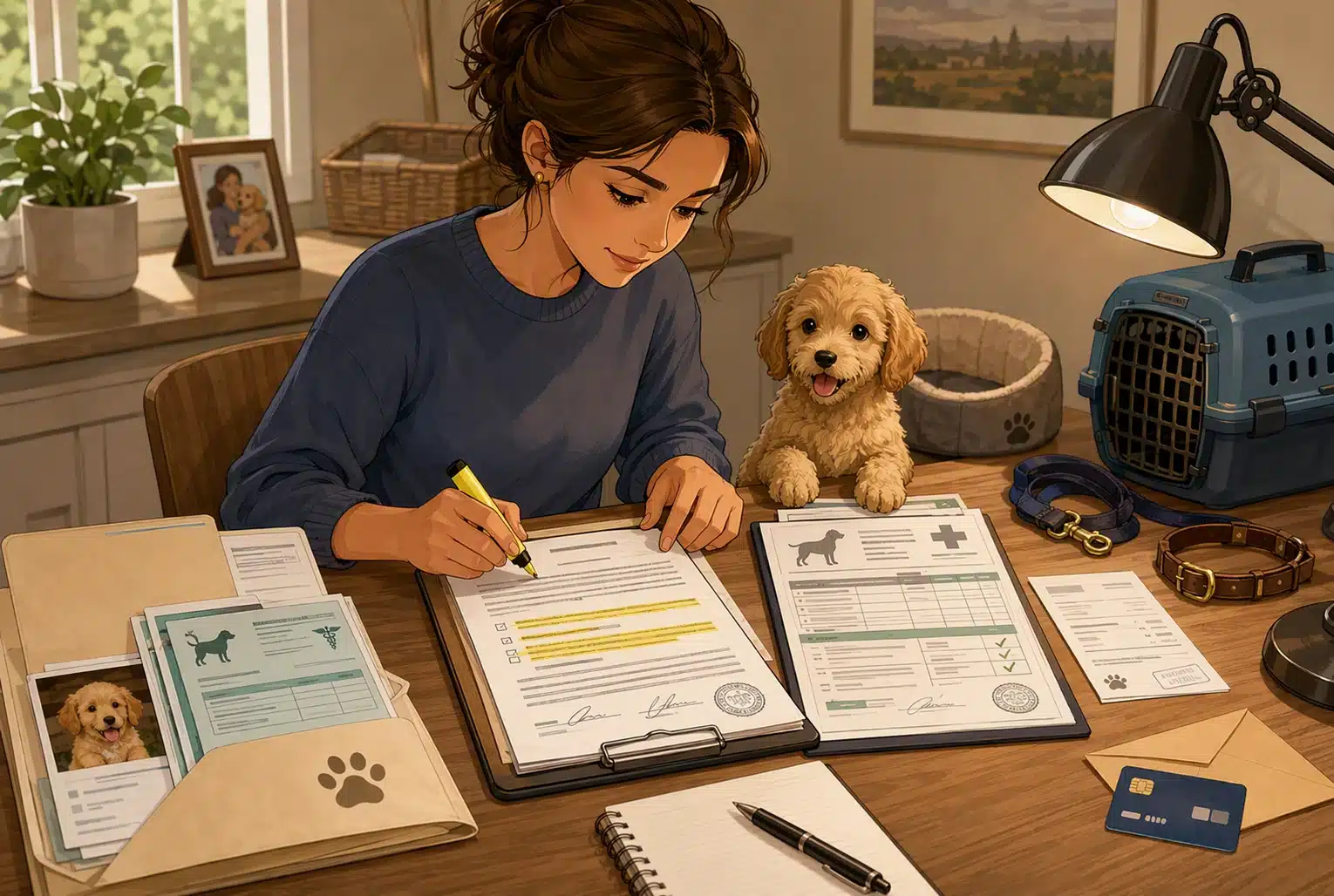 Parent reviewing puppy contract and vet records at desk