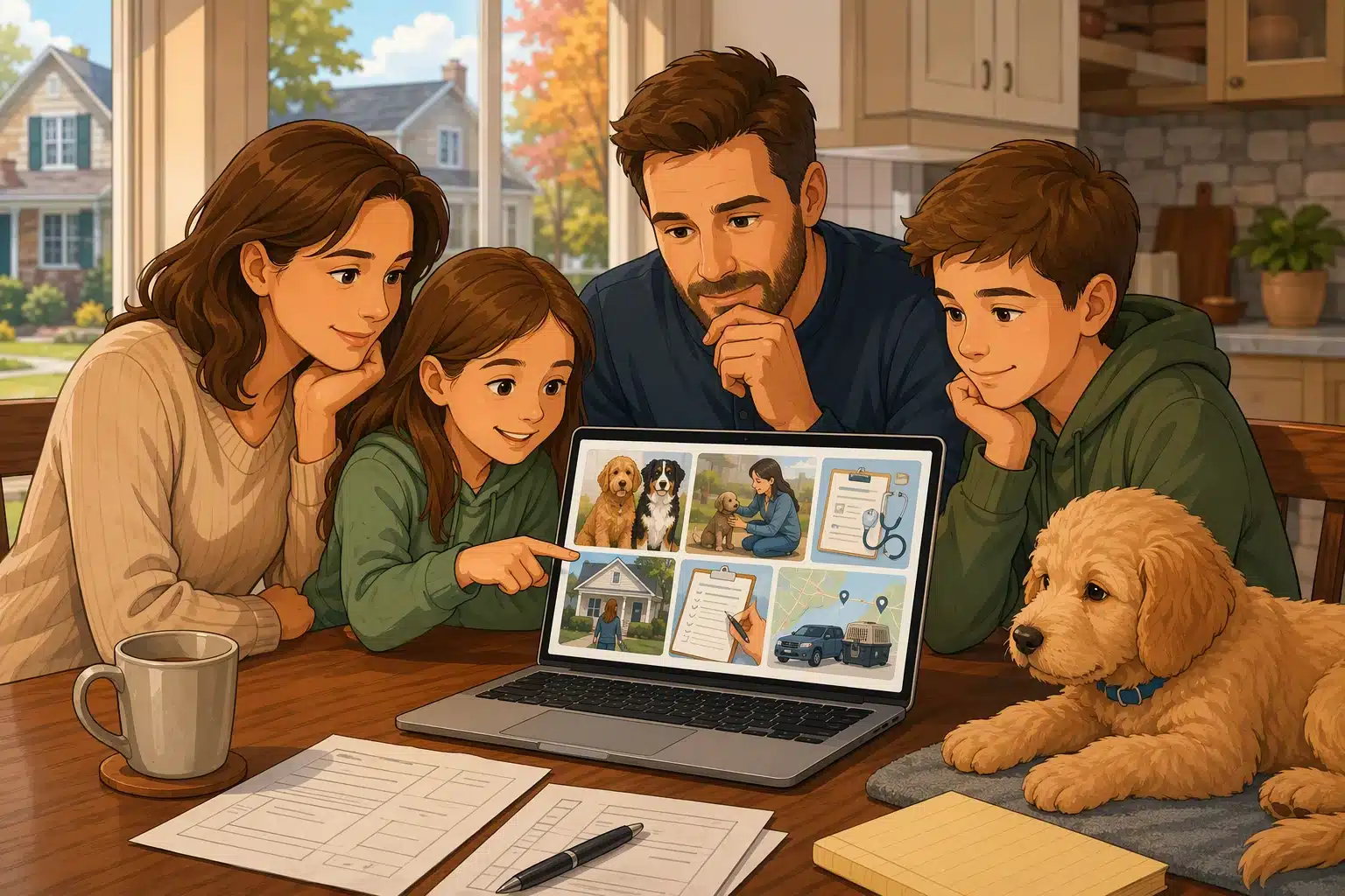 Family reviewing breeder profiles on laptop at kitchen table