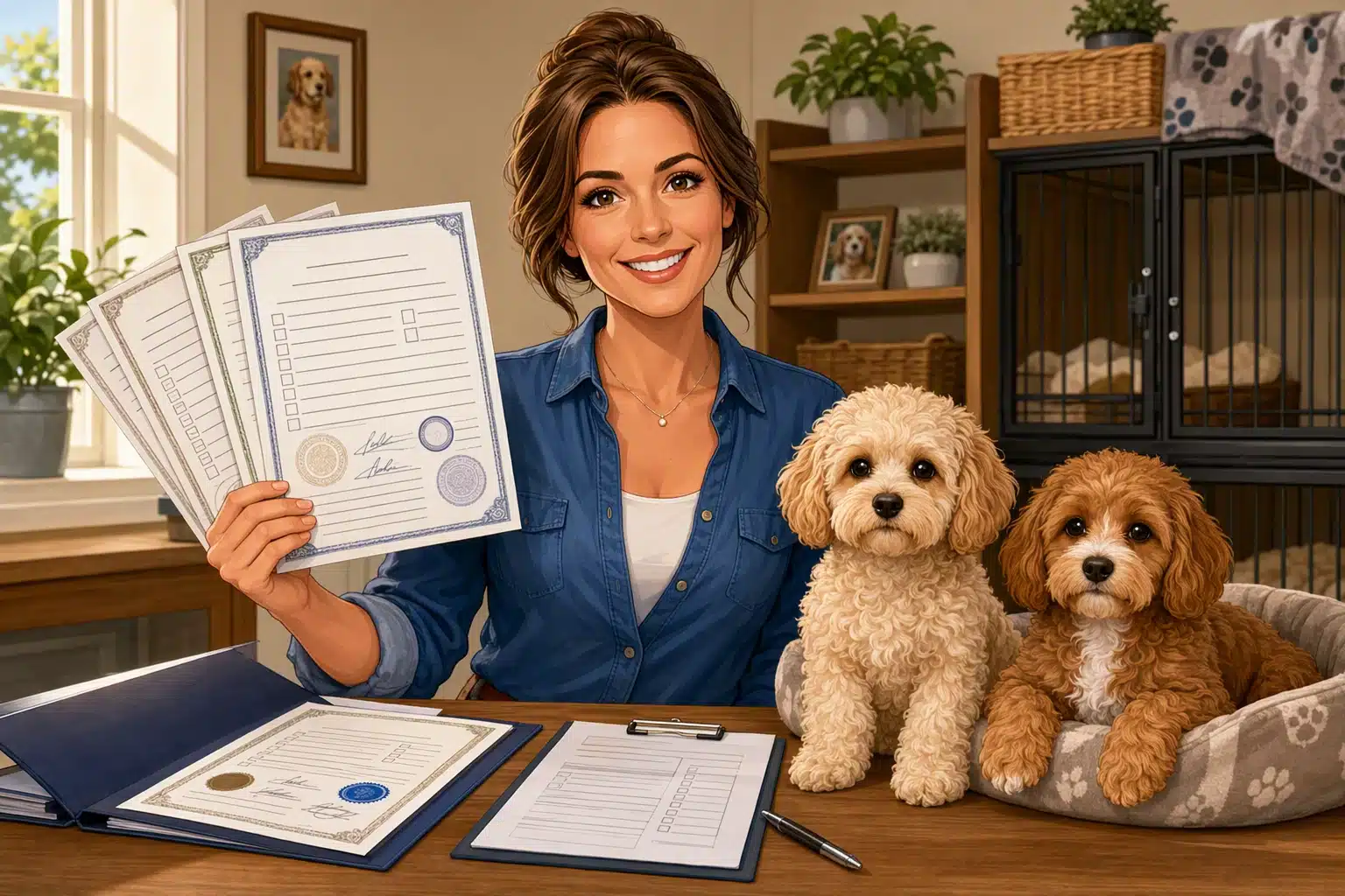 Breeder holding health certificates beside calm puppies