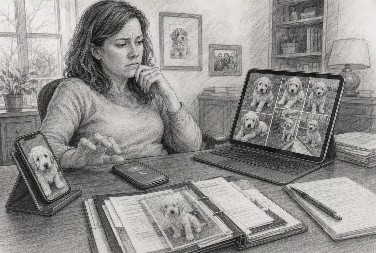 Parent pausing payment review at desk