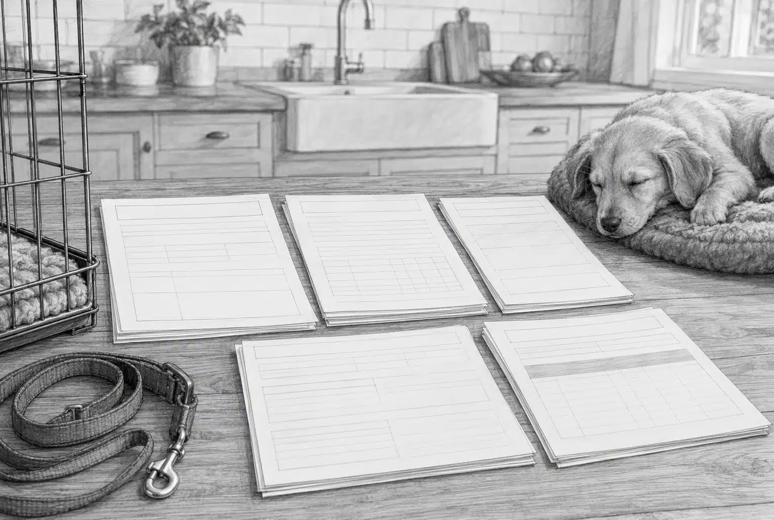 Puppy sale papers and vet documents on a kitchen table