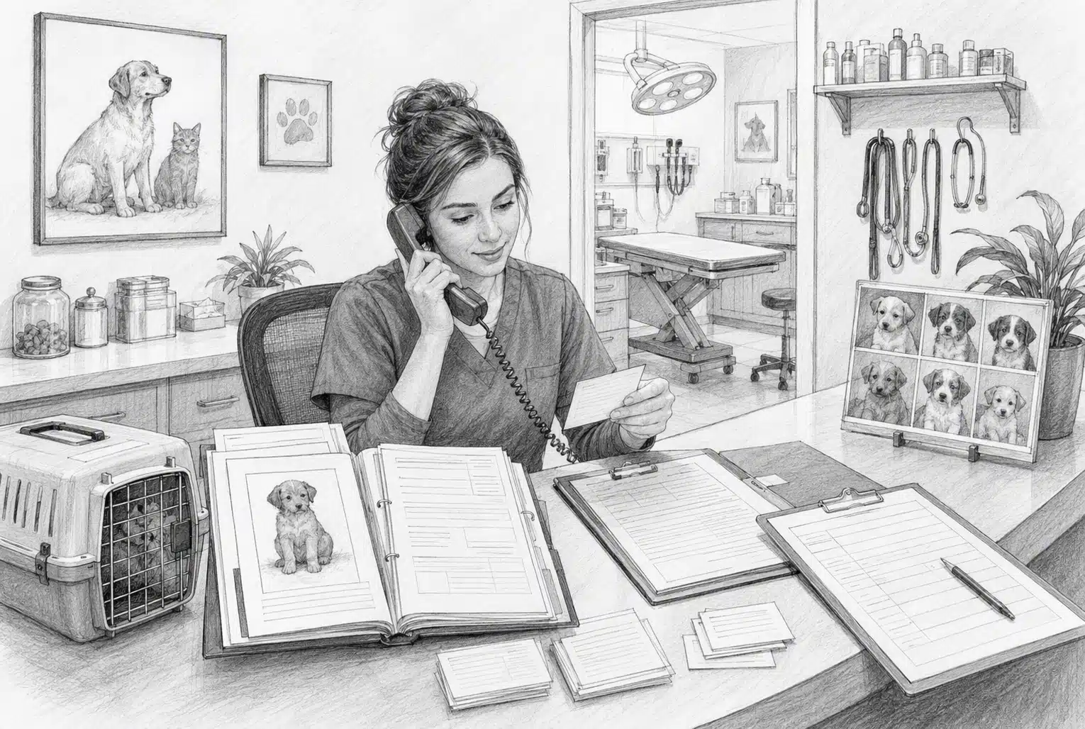 Veterinary receptionist speaking by phone beside puppy charts