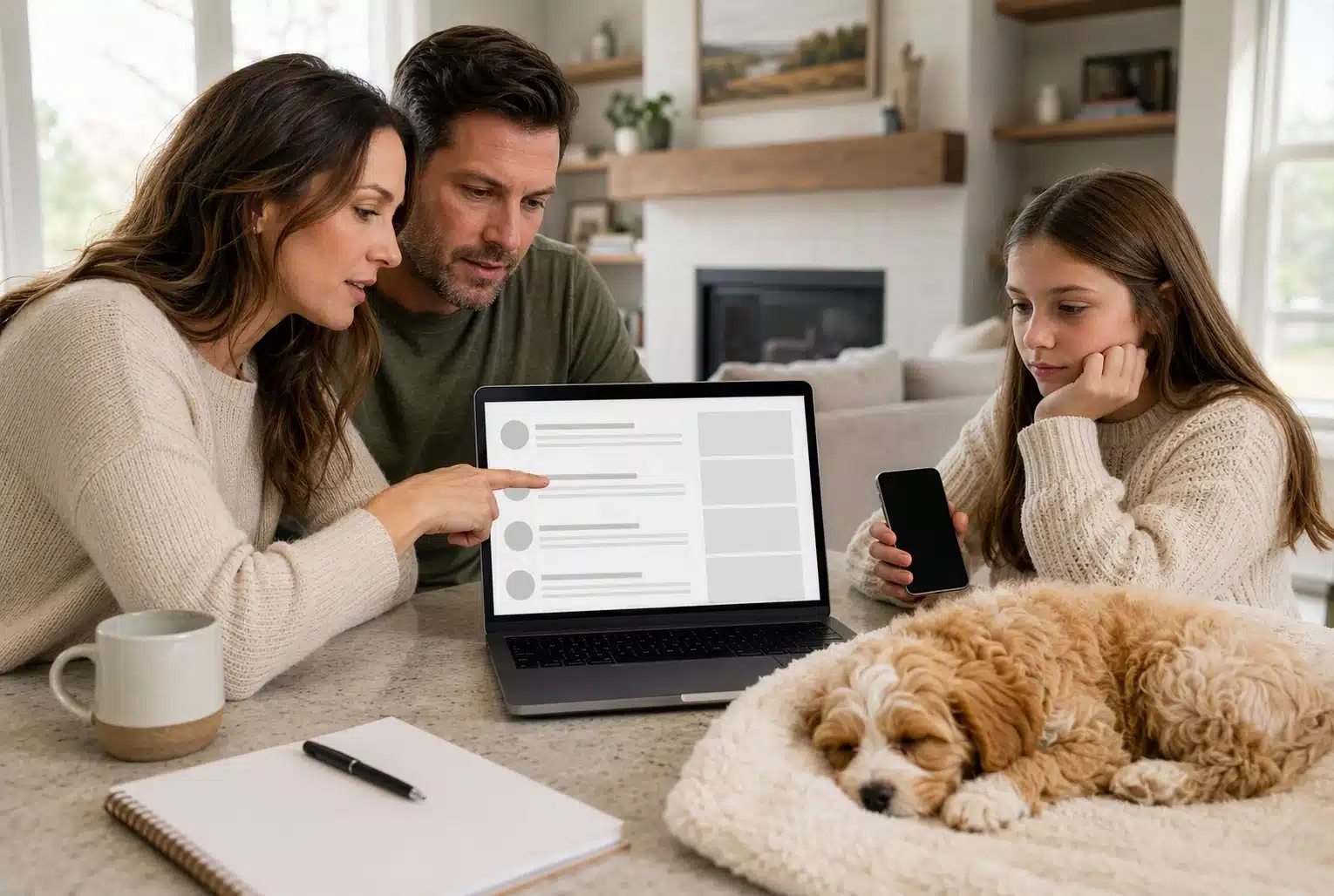 Family reviewing breeder feedback on laptop with sleeping Cavapoo