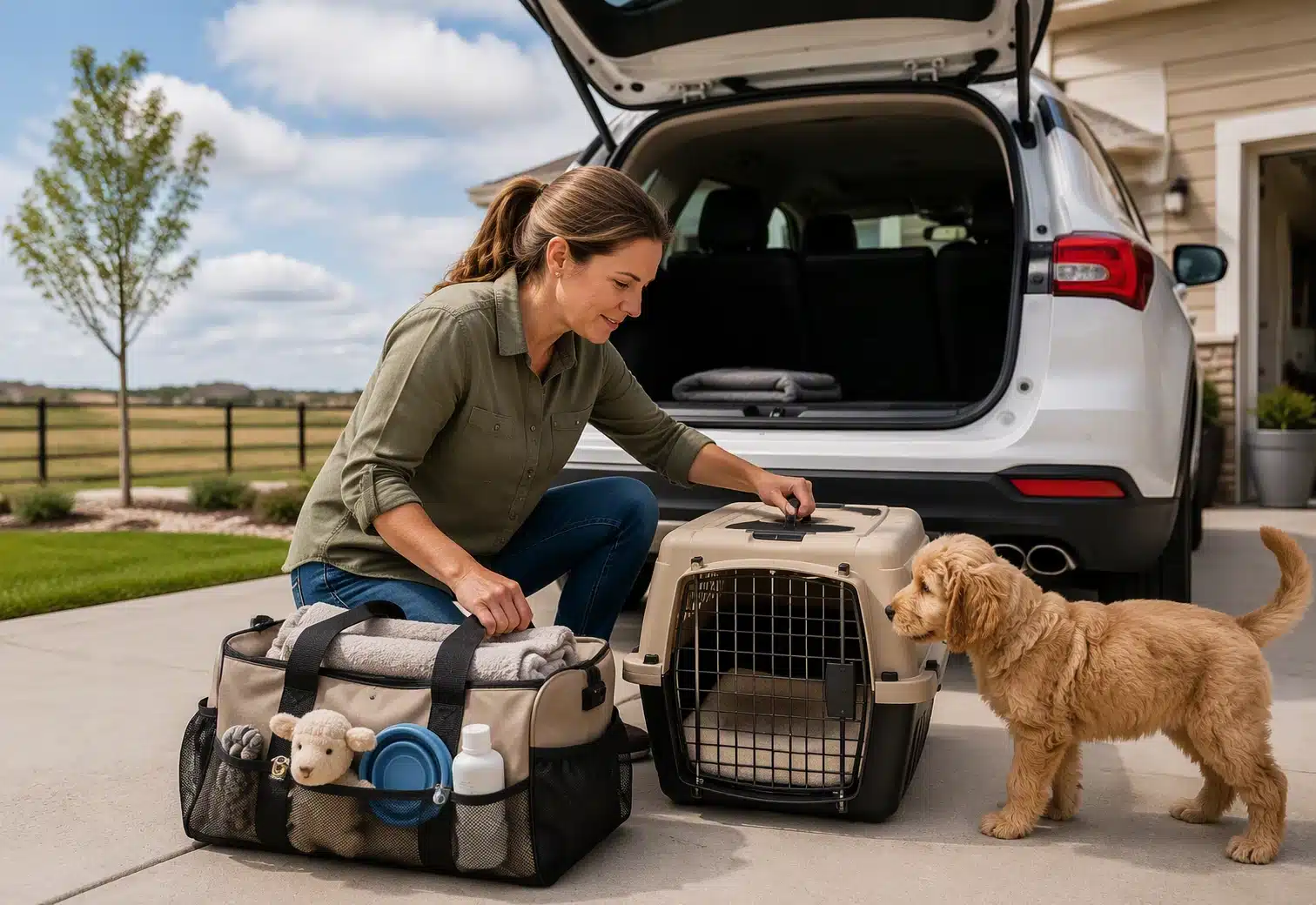 Breeder loading puppy crate into SUV driveway