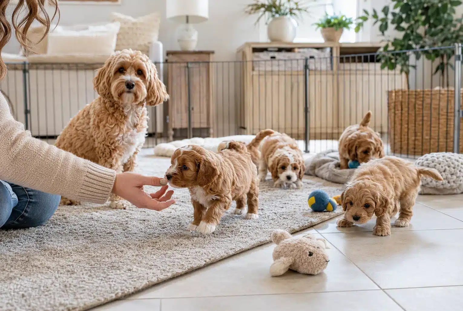 Young puppies exploring toys and rugs in a bright living room