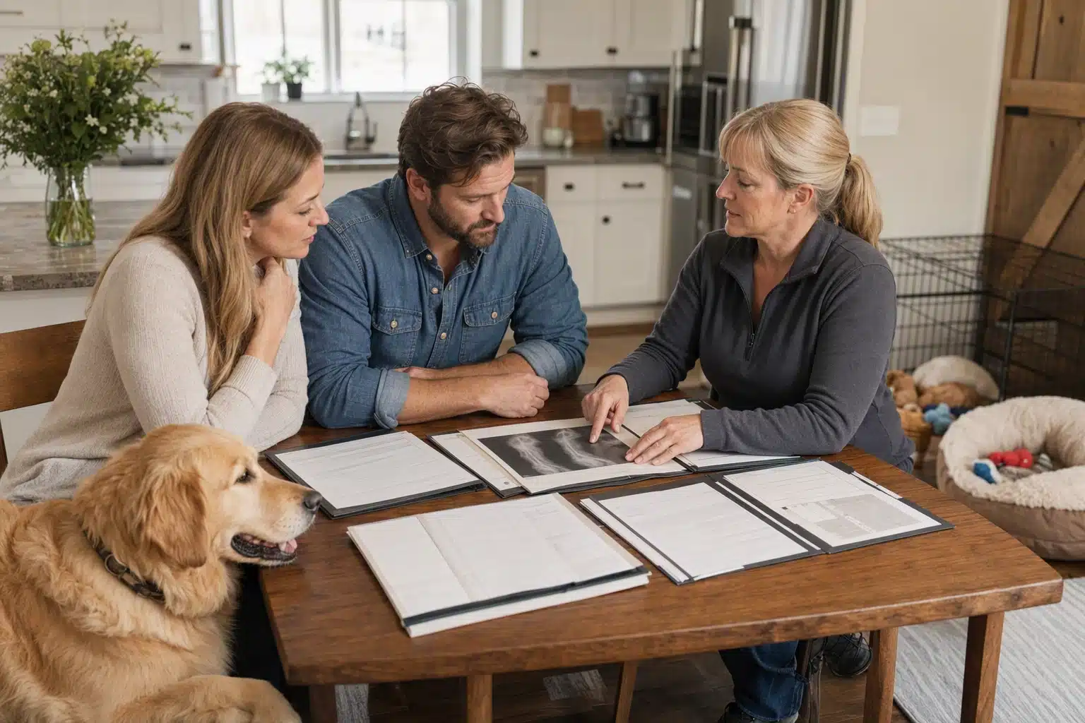 Breeder showing health records to attentive couple