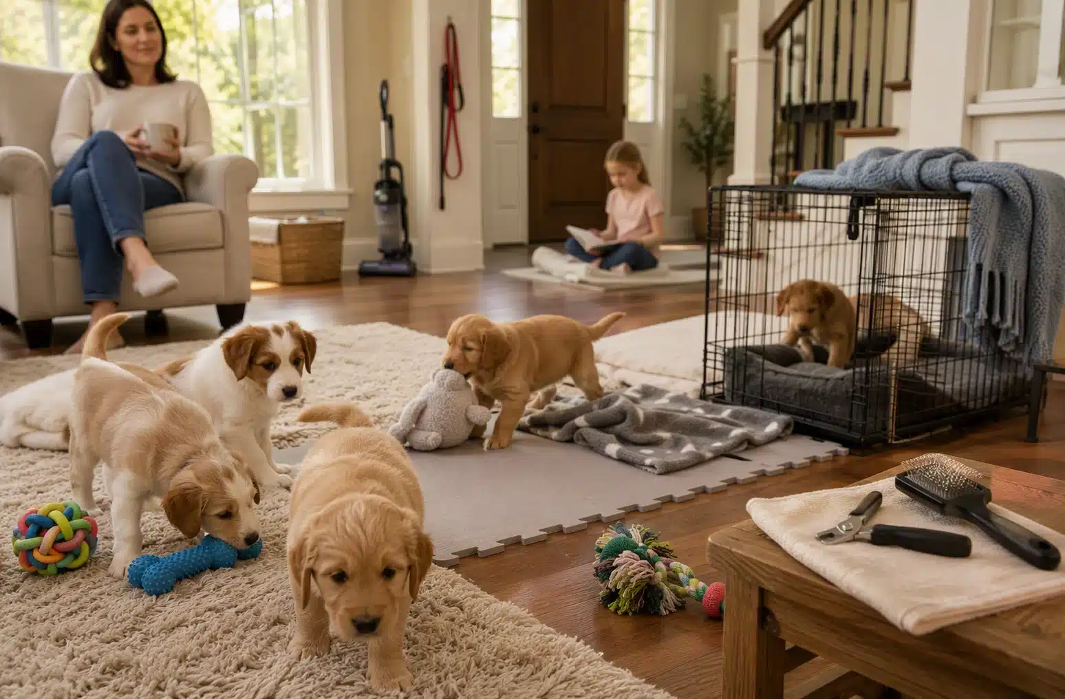 Puppies exploring toys in a bright home play area