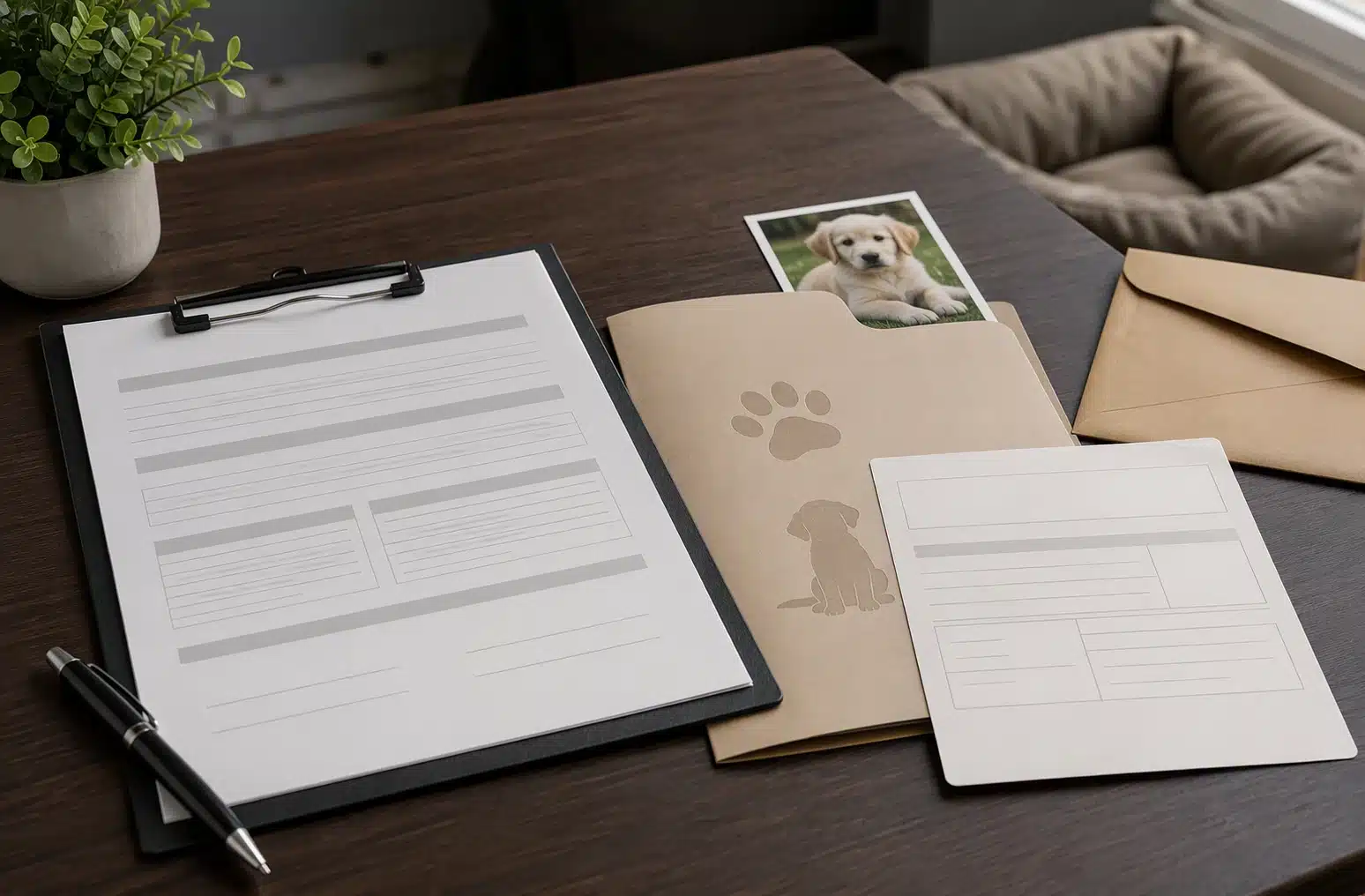 Close-up of breeder contract and puppy folder on desk