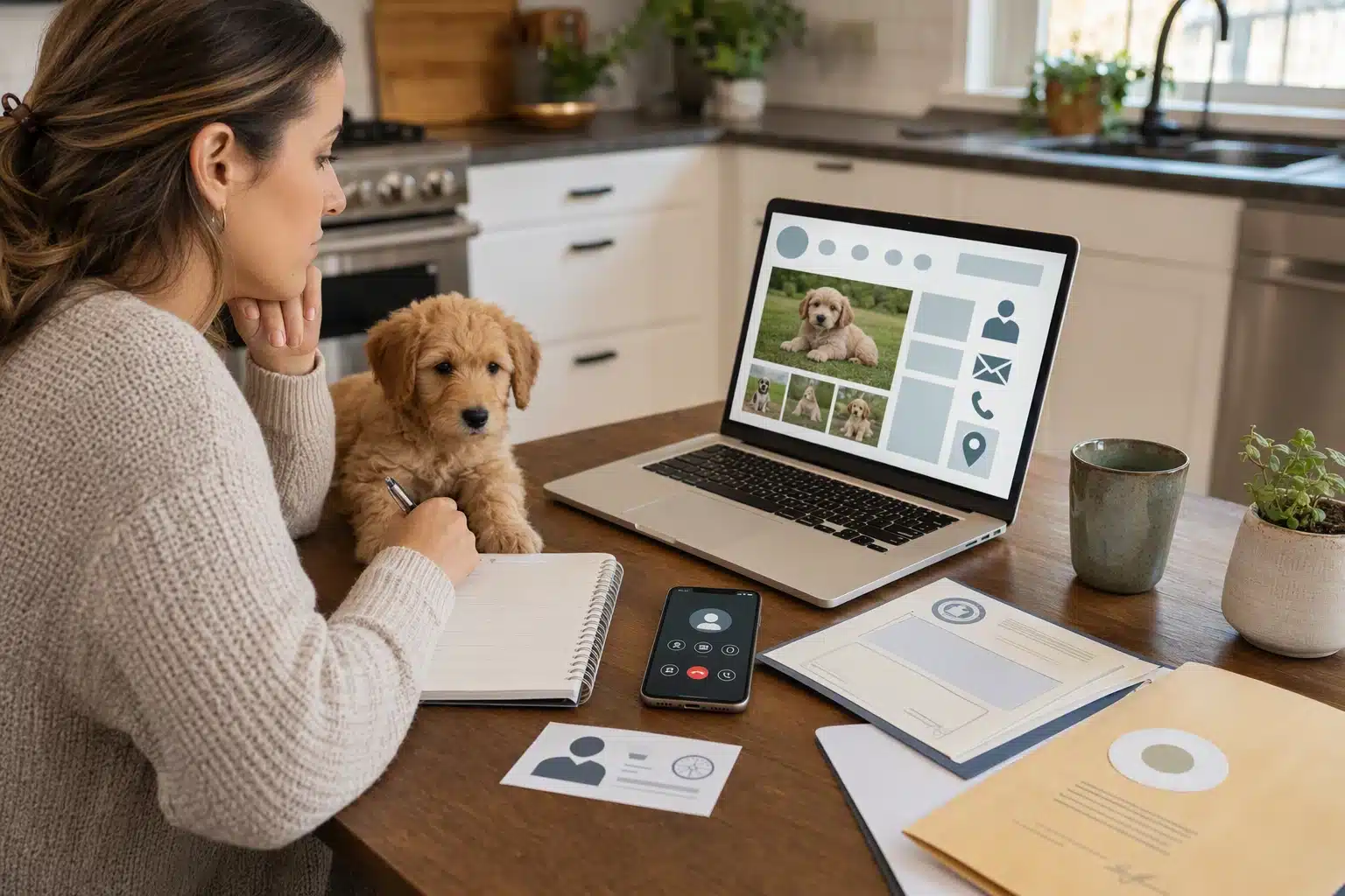 Buyer reviewing breeder’s website and health documents