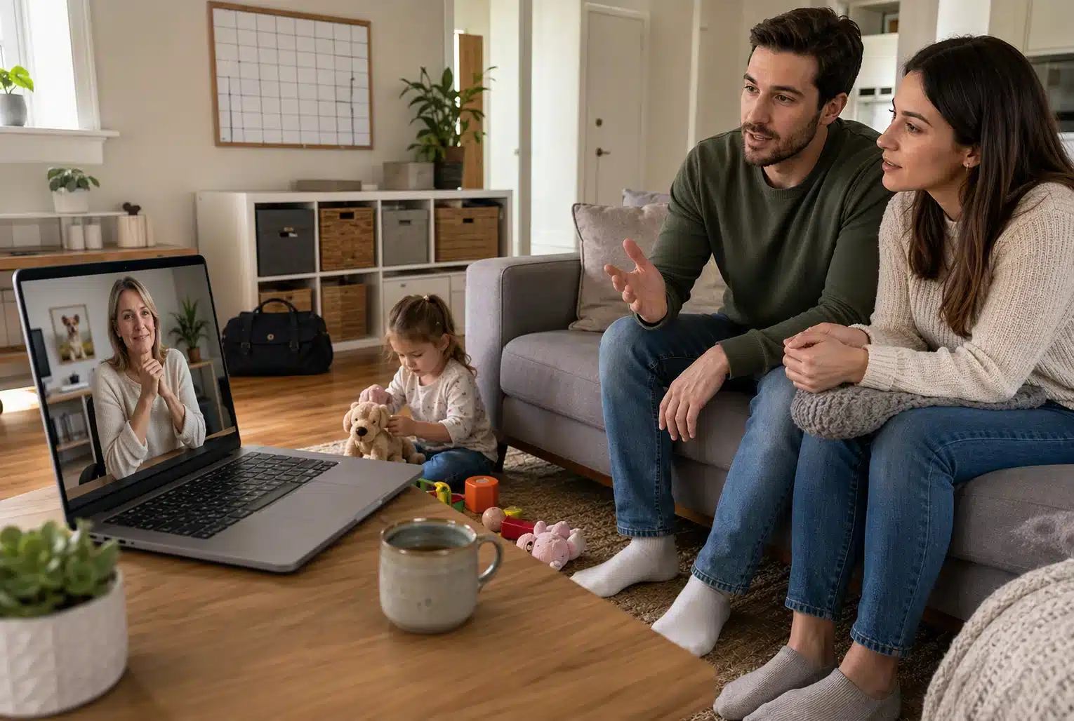 Breeder on video call with family in living room