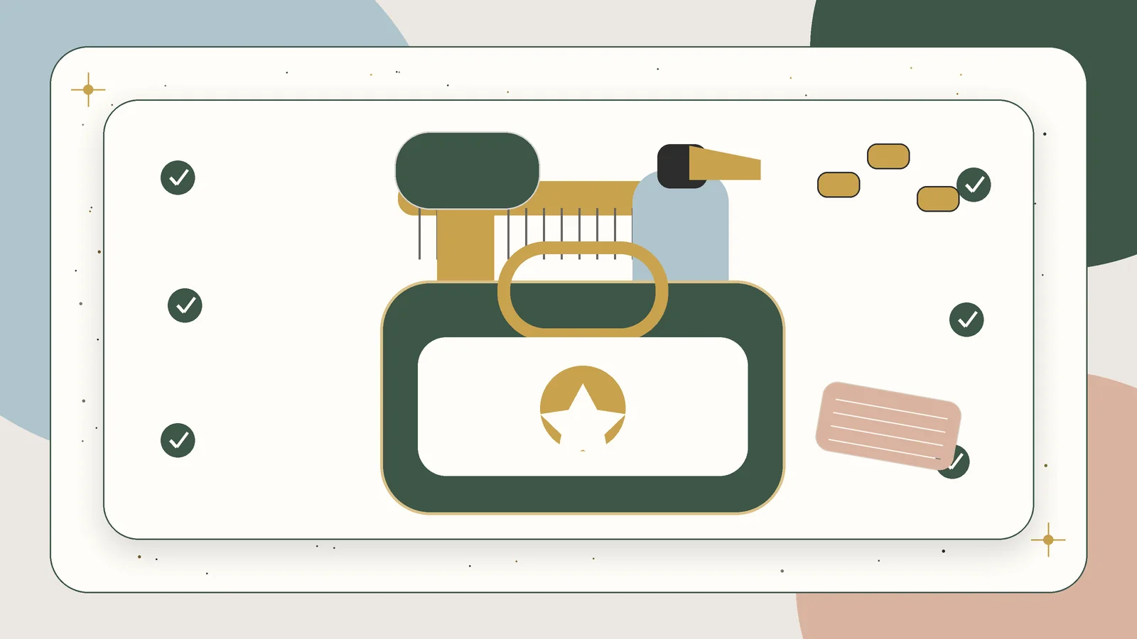 Illustration of a grooming bag filled with brushes, a comb, coat spray, towel, and treats