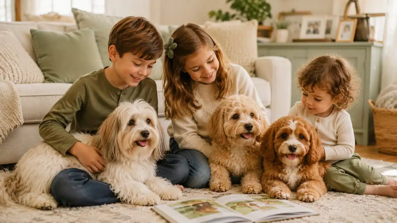 Children sitting calmly with Havanese, Havapoo and Cavapoo dogs during family story time
