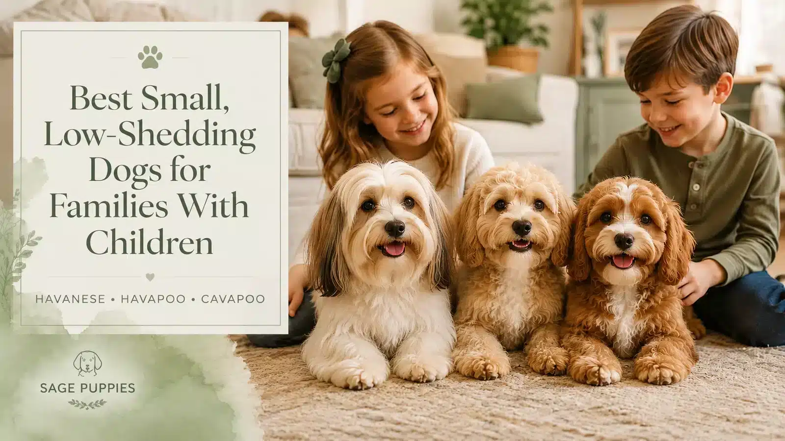 Havanese, Havapoo and Cavapoo dogs sitting with children in a family living room