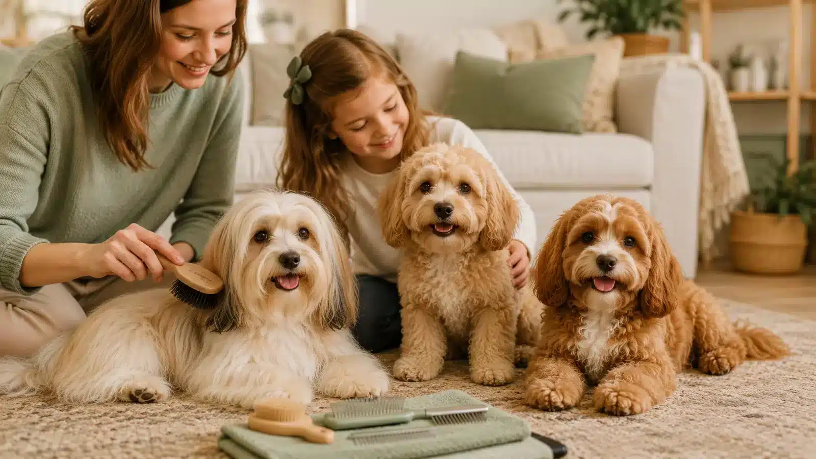 Parent and child gently grooming a Havanese, Havapoo and Cavapoo at home