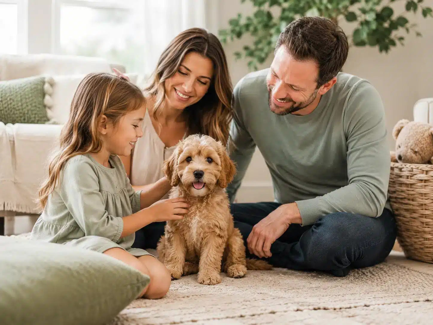 Family spending time with an apricot Cavapoo puppy in a cozy living room
