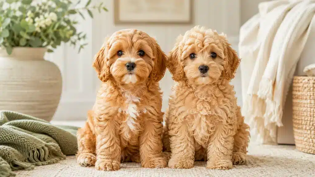 Two apricot Cavapoo puppies with different wavy and curly coat textures sitting together in a warm home