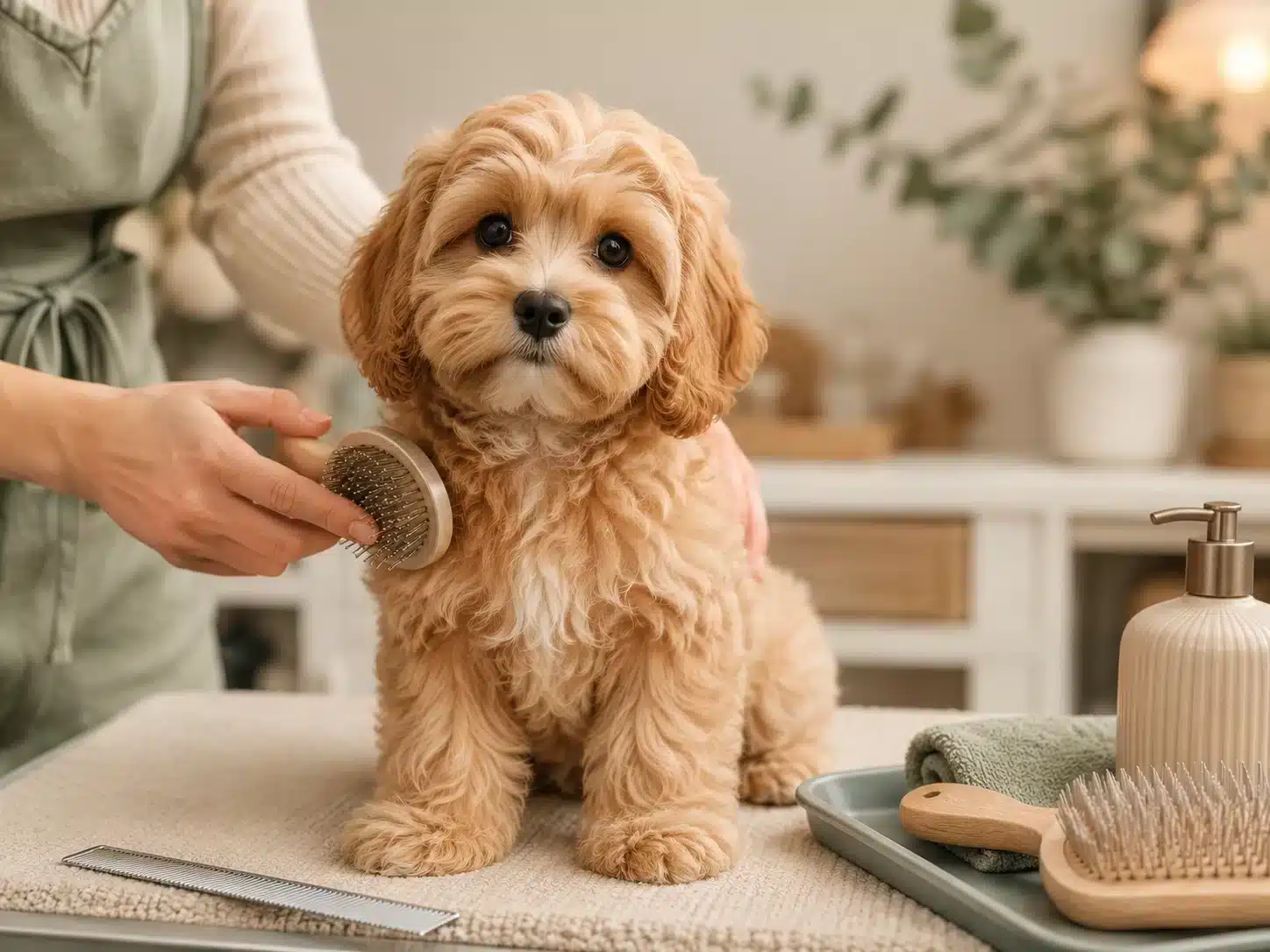 Apricot Cavapoo puppy being gently brushed during a home grooming session