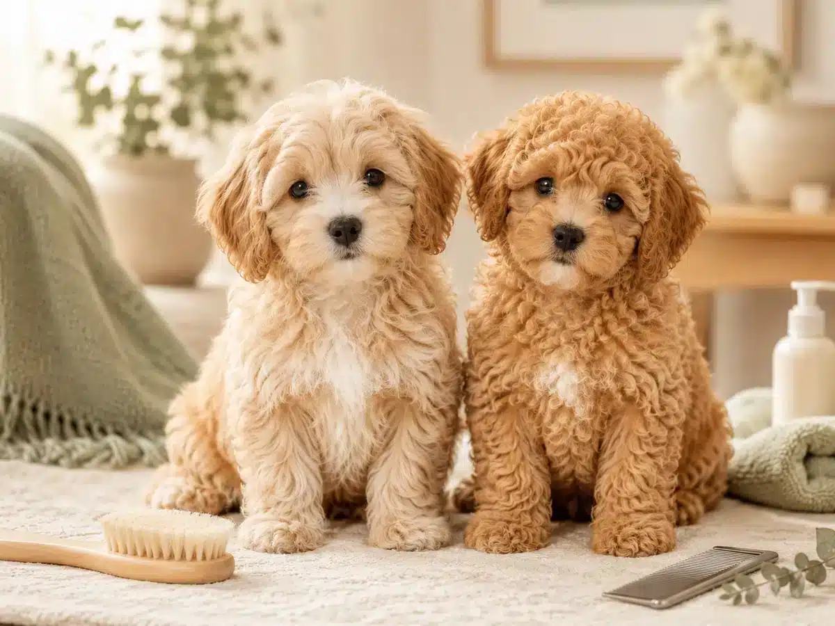 Illustrative puppies with wavy and curly coats beside a grooming brush and comb