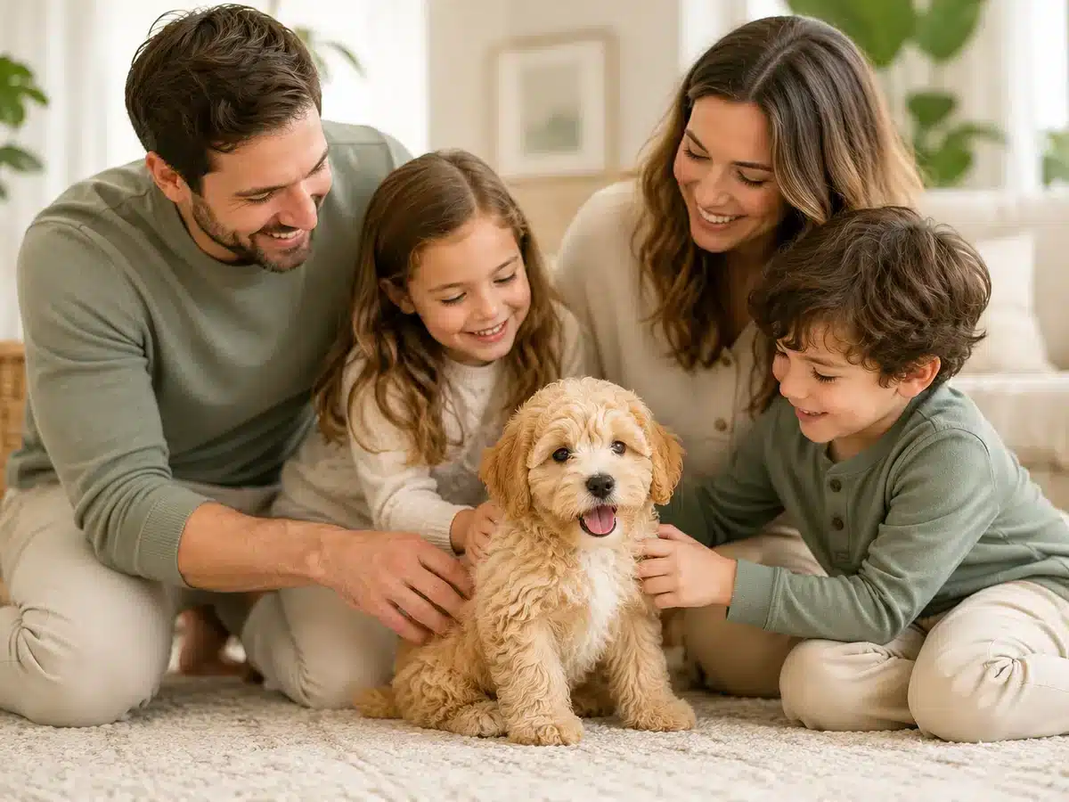 Illustrative family sitting with a small cream-colored puppy in a living room