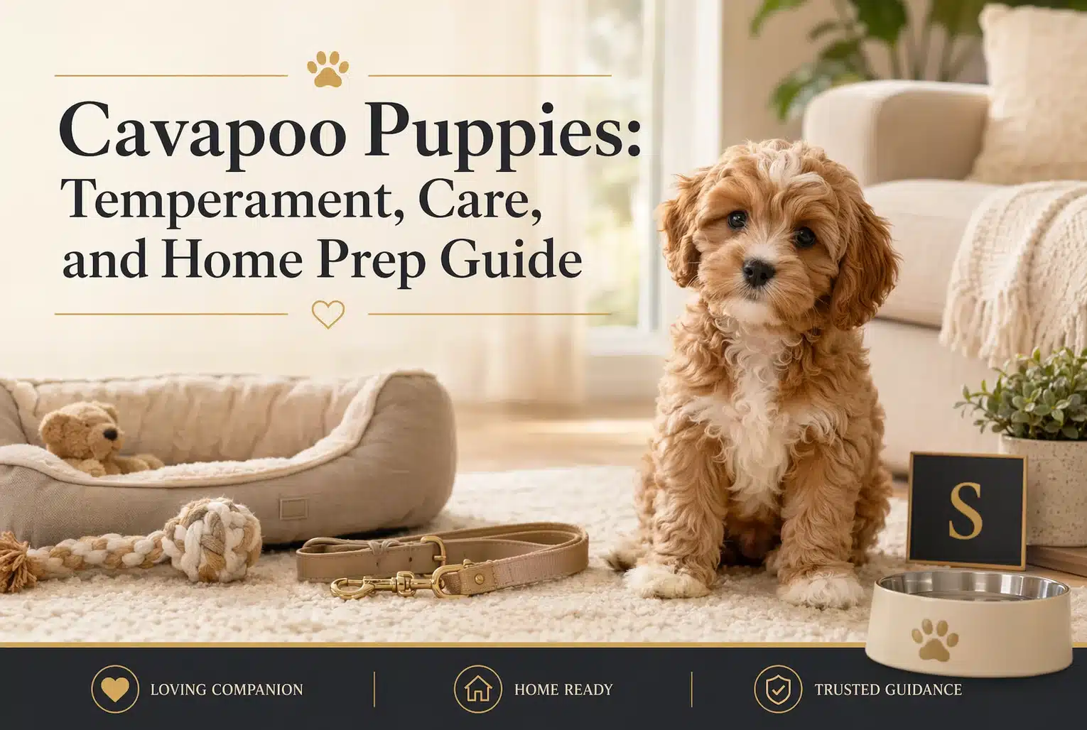 Cavapoo puppy sitting in a prepared living room beside a dog bed, toys, leash, and food bowl