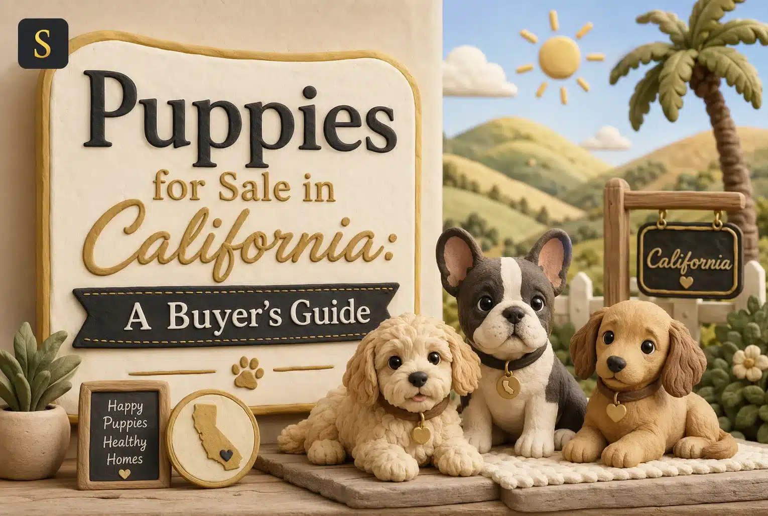 Three puppies beside the title “Puppies for Sale in California: A Buyer’s Guide” with California scenery