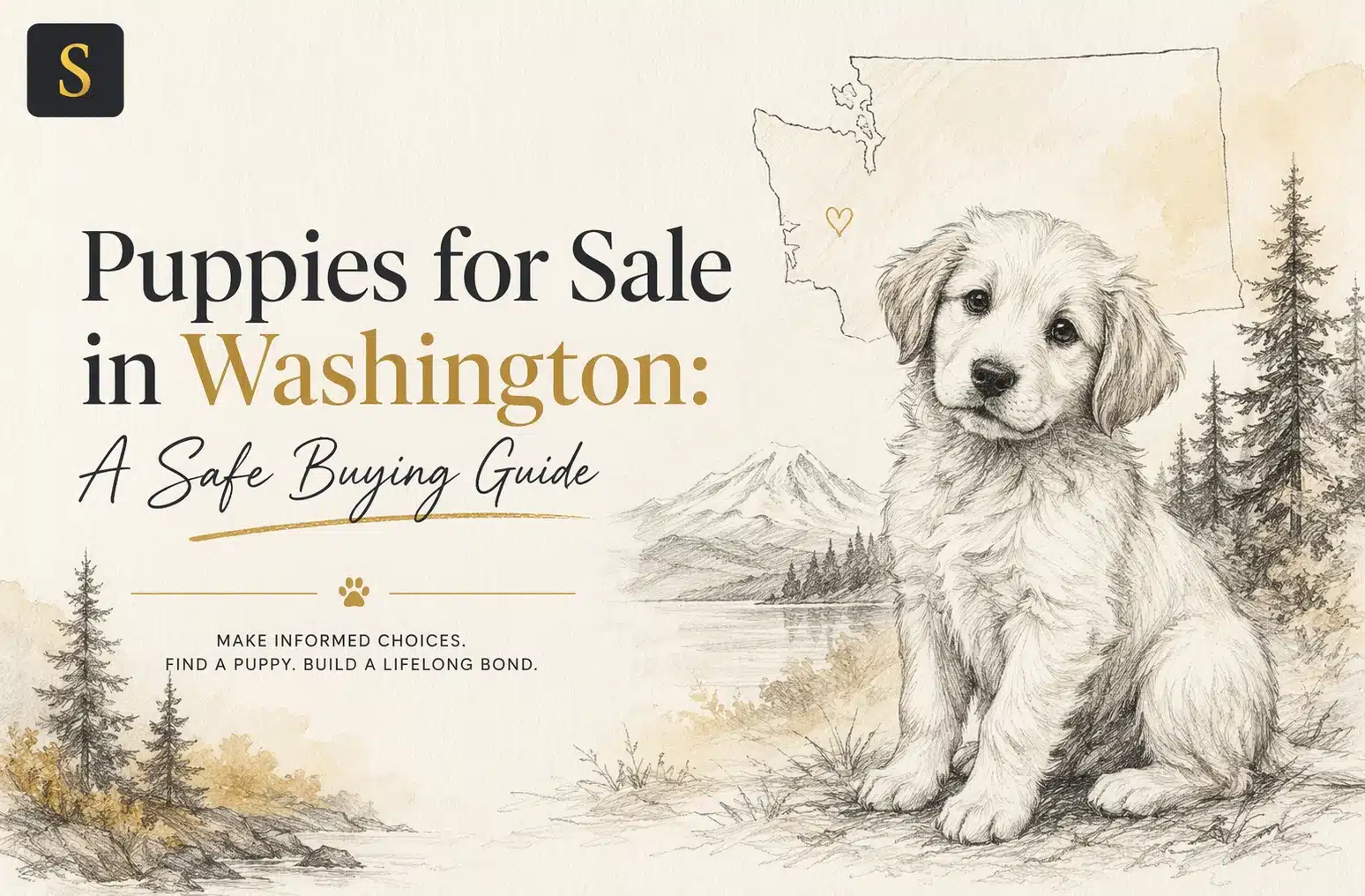 Illustrated puppy beside a Washington State outline, evergreen trees, mountains, and a lake