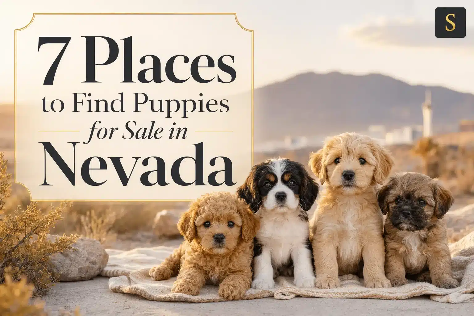 Four puppies sitting in a Nevada desert landscape beneath the title “7 Places to Find Puppies for Sale in Nevada”
