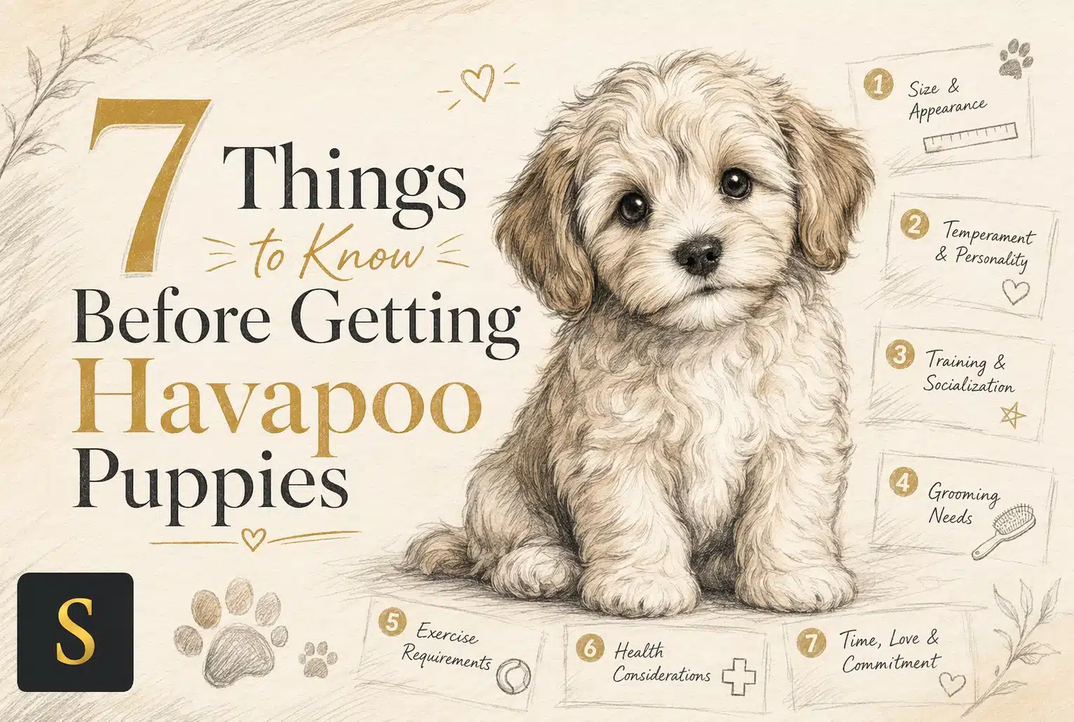Illustrated Havapoo puppy beside a checklist of seven things to know before bringing one home