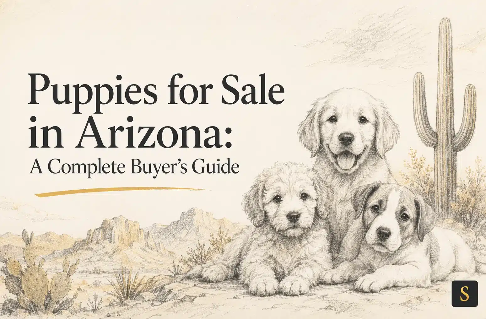 Illustrated graphic titled “Puppies for Sale in Arizona: A Complete Buyer’s Guide” featuring three puppies in a desert landscape with cacti