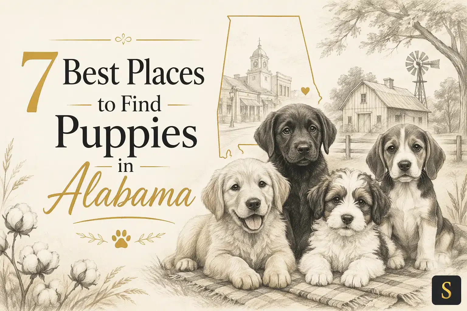 Illustrated graphic titled “7 Best Places to Find Puppies in Alabama” featuring four puppies, an Alabama outline, and rural scenery
