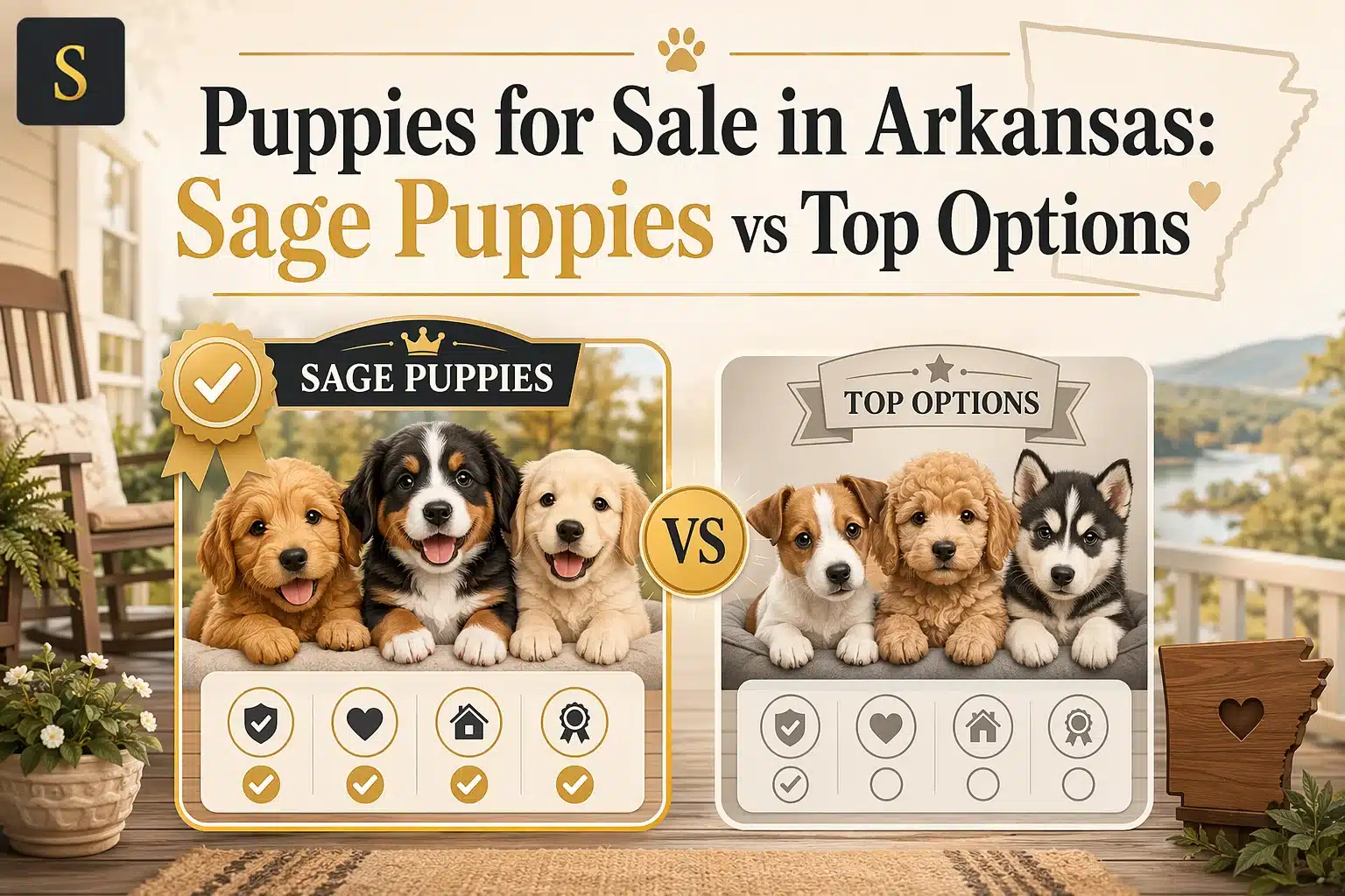 Comparison graphic for “Puppies for Sale in Arkansas: Sage Puppies vs. Top Options” featuring groups of puppies