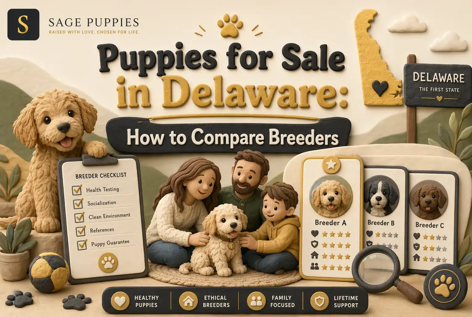 Claymation scene: A family with a golden doodle puppy, a large golden doodle, and a checklist for puppies for sale in Delaware. A map of Delaware is in the background.
