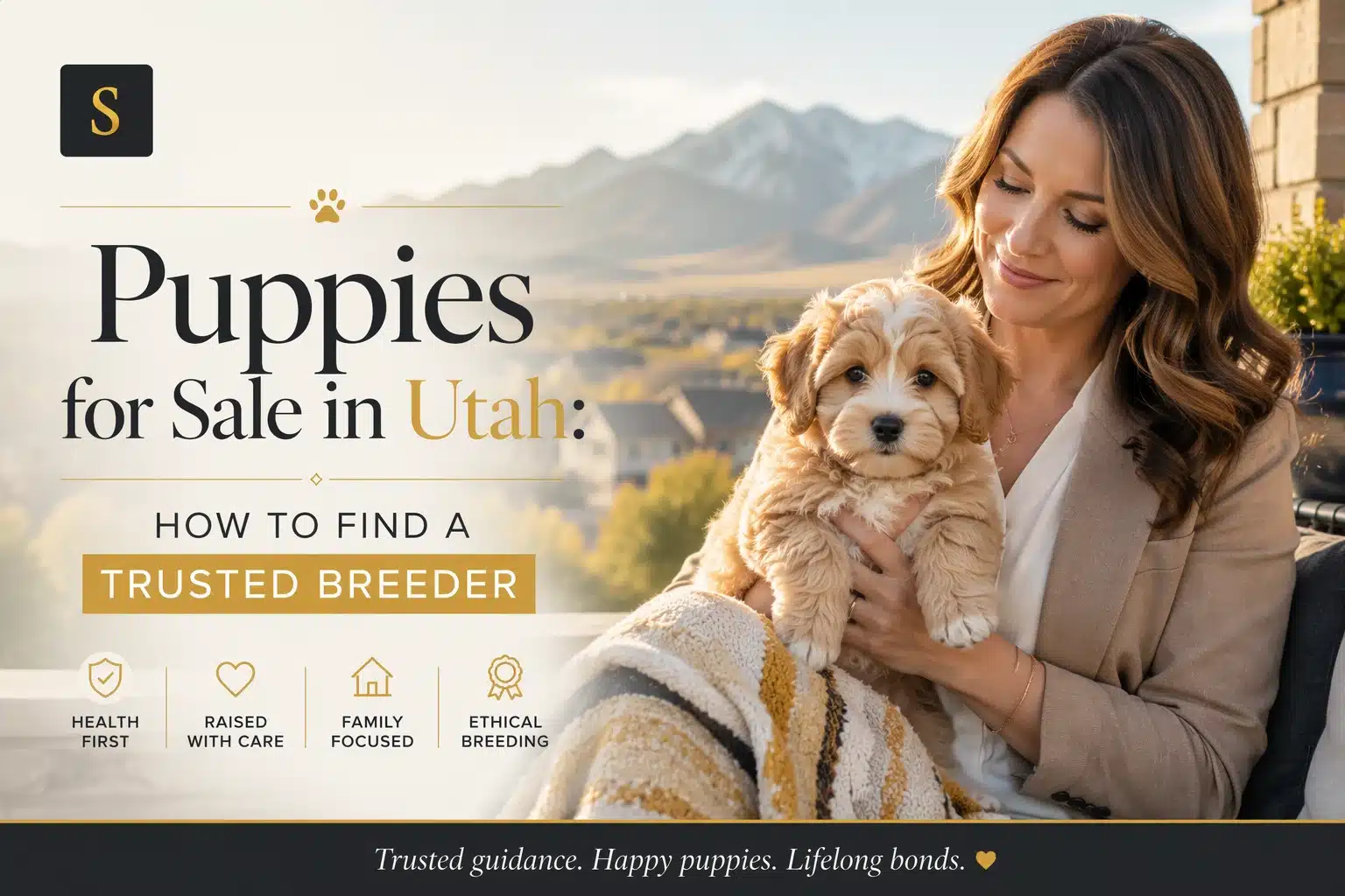 A woman holding a goldendoodle puppy smiles as she sits on a porch, with a Utah mountain range in the background. Text reads "Puppies for Sale in Utah: How to Find a Trusted Breeder".