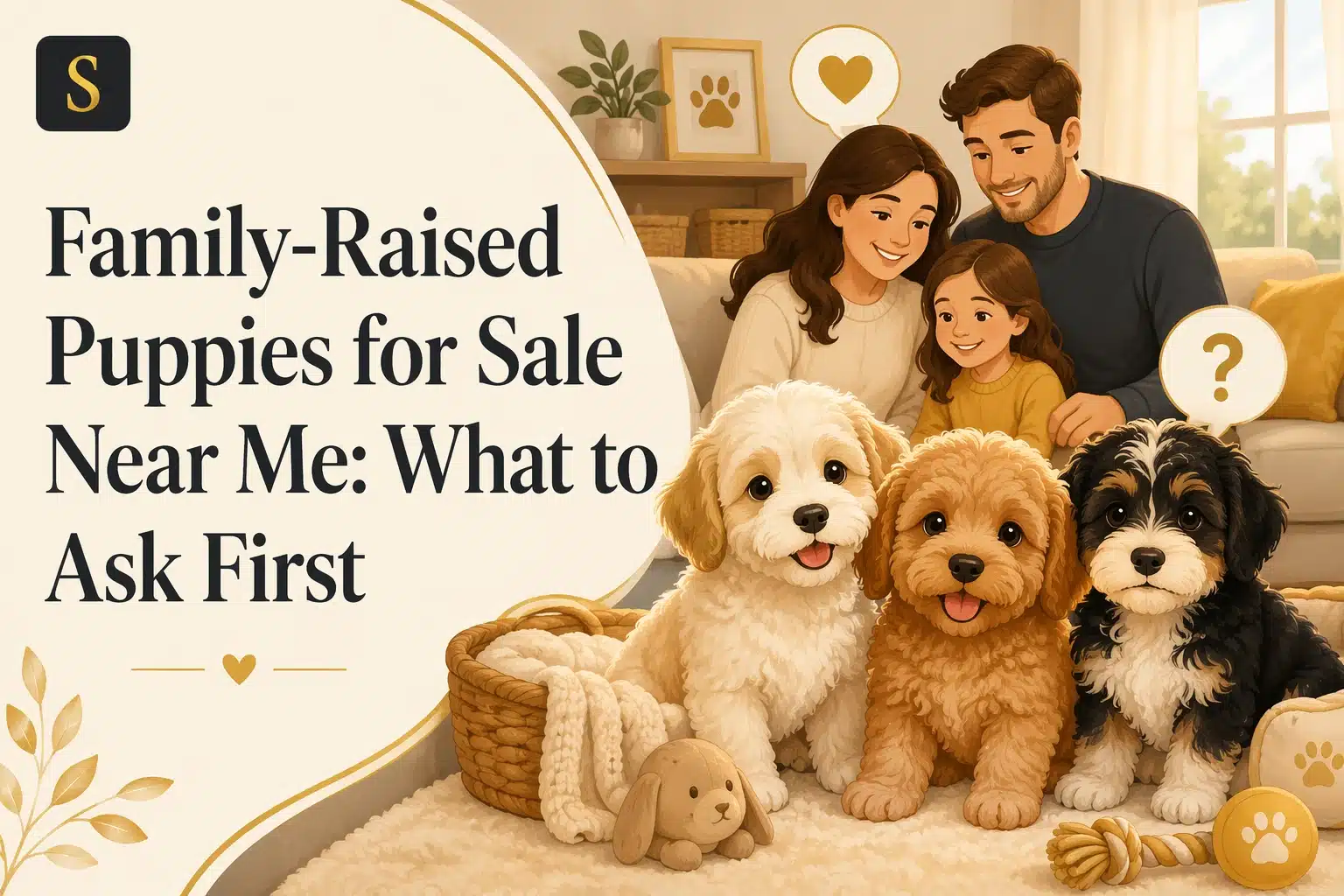 Family-raised puppies for sale near me: A happy family with three adorable puppies, two fluffy golden doodles and one tricolor bernedoodle, in a cozy living room setting.