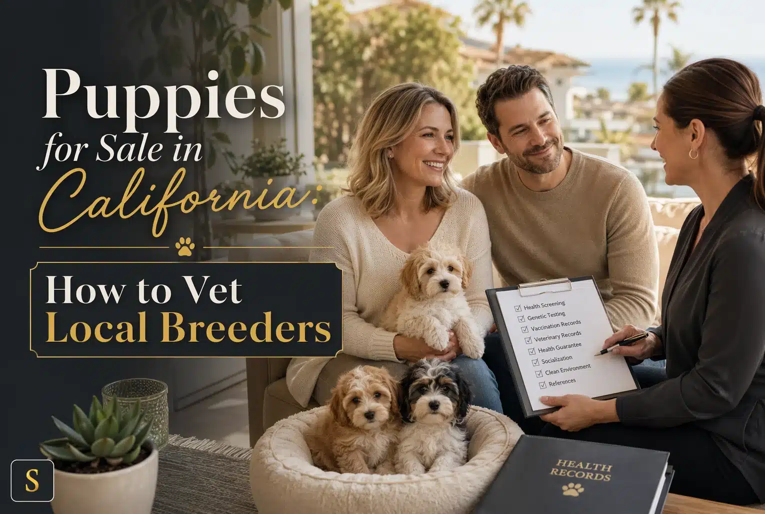 Couple reviewing a checklist with a breeder about puppies for sale in California. The checklist includes "Health Screening" and "Vaccination Records.