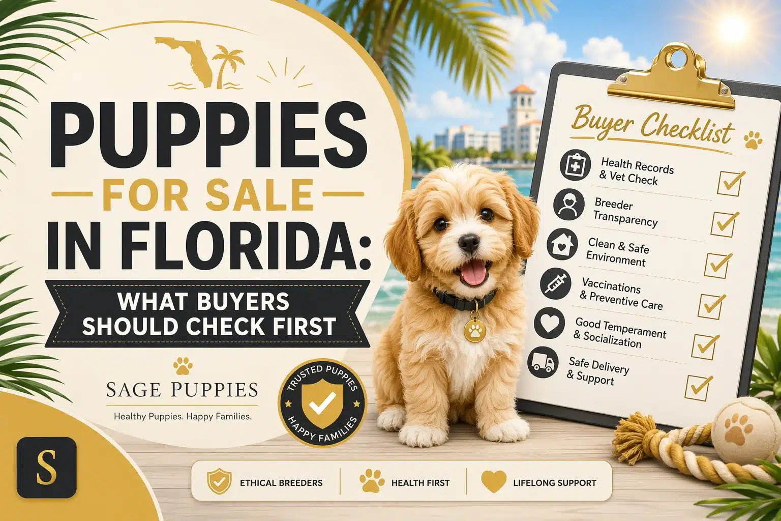 Adorable fluffy golden-brown puppy sitting on a wooden floor next to a clipboard titled "Buyer Checklist" for puppies for sale in Florida. The clipboard lists health records, breeder transparency, and safe delivery. Text overlay reads "Puppies for Sale in Florida: What Buyers Should Check First.