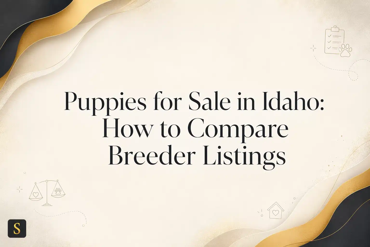 Title card for "Puppies for Sale in Idaho: How to Compare Breeder Listings" with elegant gold and black wavy borders on a cream background. Key text reads "Puppies for Sale in Idaho: How to Compare Breeder Listings".