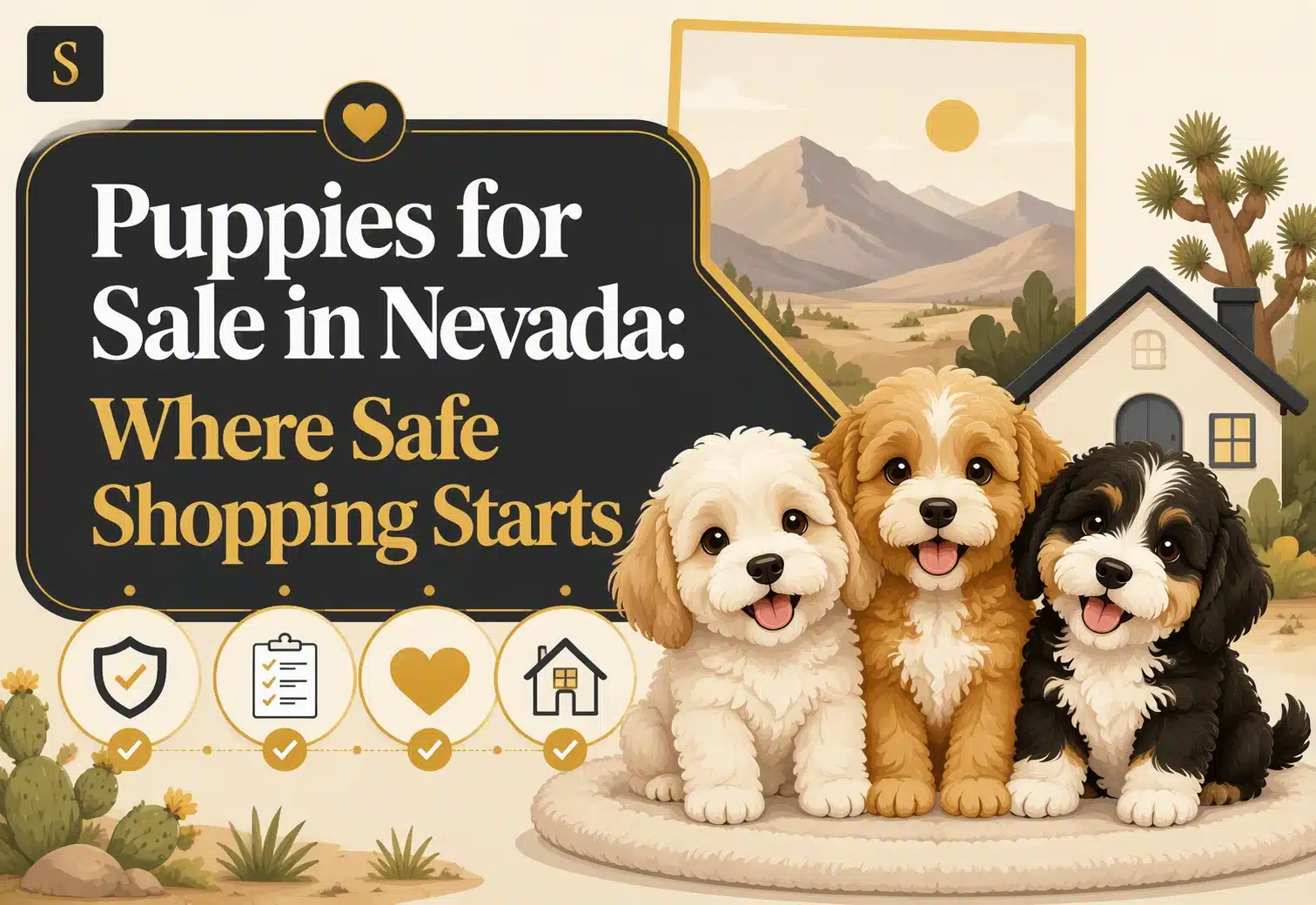 Three adorable puppies, a white fluffy one, a golden doodle, and a black and white bernedoodle, sit on a rug in front of a stylized house and a desert landscape. The text overlay reads "Puppies for Sale in Nevada: Where Safe Shopping Starts.