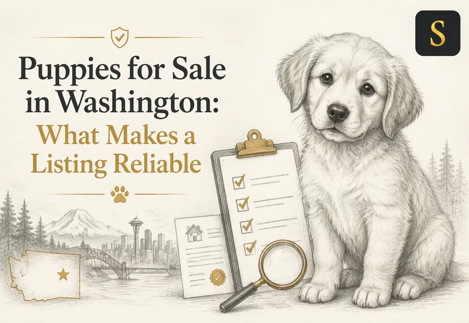 Sketch of a fluffy golden retriever puppy sitting next to a clipboard with a checklist and magnifying glass. The background features a sketch of the Seattle skyline and Mount Rainier, with the text "Puppies for Sale in Washington: What Makes a Listing Reliable" and a Washington state outline.